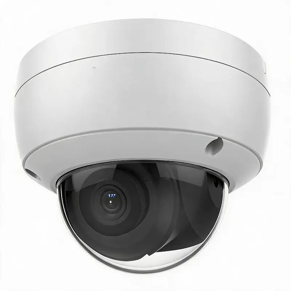 DS-2CD2183G0-IU 8MP WDR IK10 dome camera with built-in mic monitoring a commercial building entrance