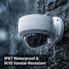 DS-2CD2183G2-IU 8MP 4K dome security camera with IP67 waterproof and IK10 vandal-resistant protection installed outdoors during heavy rain