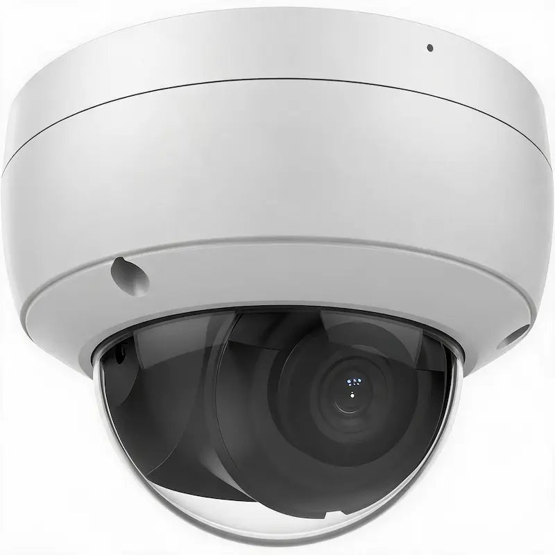 DS-2CD2186G2-I 8MP AcuSense IK10 dome camera monitoring a commercial office entrance with AI human and vehicle detection