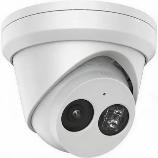 DS-2CD2343G2-I 4MP AcuSense turret camera monitoring a commercial warehouse entrance with AI human and vehicle detection