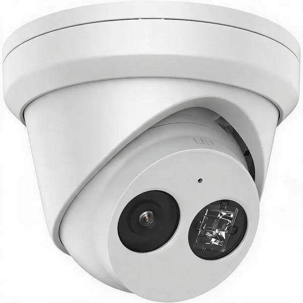 DS-2CD2343G2-I 4MP AcuSense turret camera monitoring a commercial warehouse entrance with AI human and vehicle detection