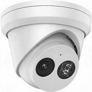 DS-2CD2343G2-IU 4MP AcuSense turret camera with built-in mic monitoring a commercial entrance
