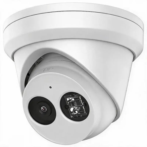 DS-2CD2343G2-IU 4MP AcuSense turret camera with built-in mic monitoring a commercial entrance