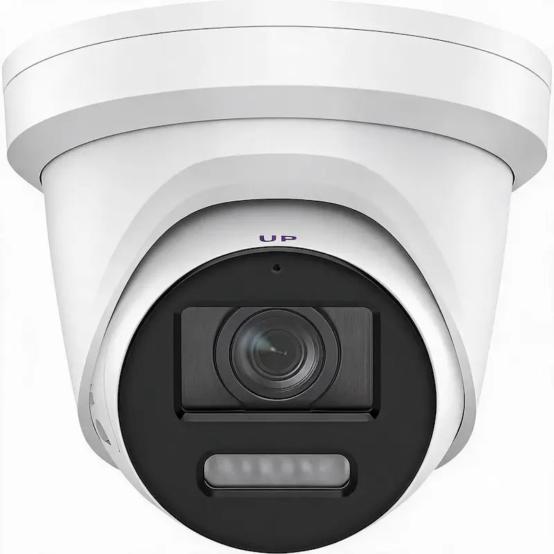 DS-2CD2347G2-LSU/SL 4MP ColorVu turret with active strobe warning and two-way audio monitoring a commercial entrance