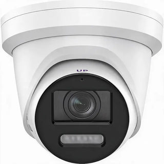 DS-2CD2347G2-LSU/SL 4MP ColorVu turret with active strobe warning and two-way audio monitoring a commercial entrance