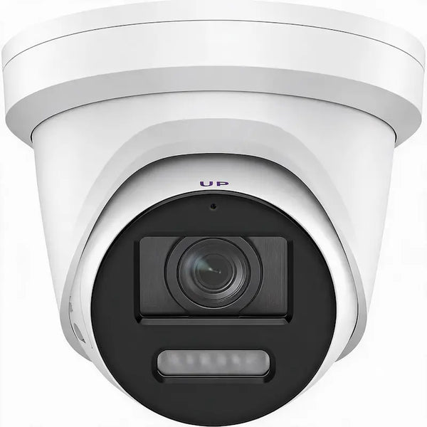 DS-2CD2347G2-LSU/SL 4MP ColorVu turret with active strobe warning and two-way audio monitoring a commercial entrance