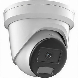 DS-2CD2347G2H-LI(U) 4MP ColorVu Smart Hybrid Light turret camera monitoring a commercial building entrance with full-color night vision