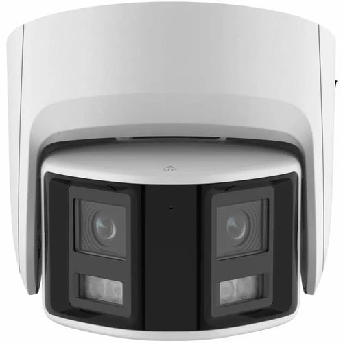 DS-2CD2366G2P-ISU/SL 6MP panoramic AcuSense turret camera with active deterrence monitoring a commercial entrance