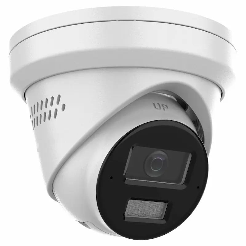 DS-2CD2383G2-LI2U/SRB 8MP Smart Hybrid Light turret camera with AI detection, active deterrence, and two-way audio securing a commercial warehouse entrance