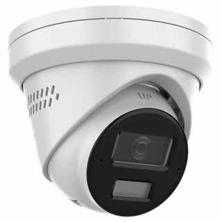 DS-2CD2383G2-LI2U/SRB 8MP Smart Hybrid Light turret camera with AI detection, active deterrence, and two-way audio securing a commercial warehouse entrance