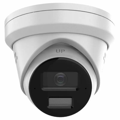 DS-2CD2383G2-LI2U/SRB 8MP Smart Hybrid Light turret camera with AI detection, active deterrence, and two-way audio securing a commercial warehouse entrance