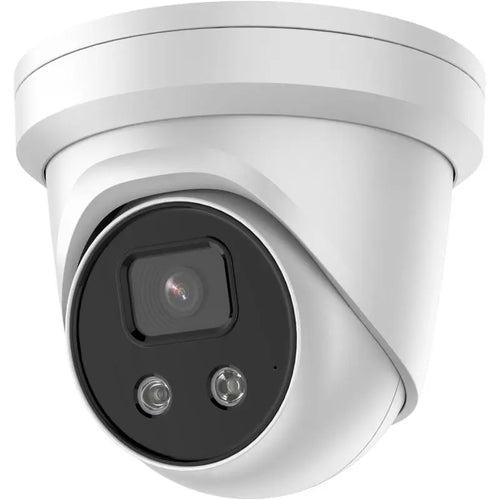 DS-2CD2386G2-IU 8MP AcuSense turret camera with built-in mic monitoring a commercial entrance