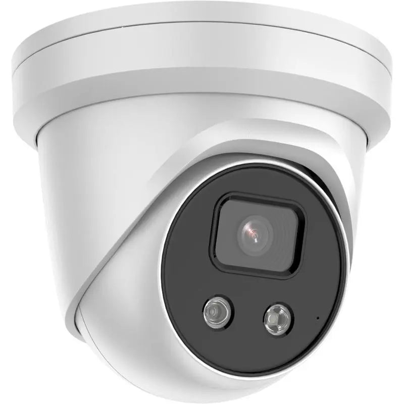 DS-2CD2386G2-IU 8MP AcuSense turret camera with built-in mic monitoring a commercial entrance