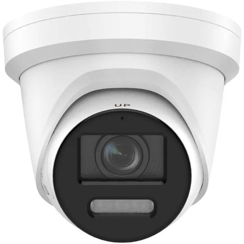 DS-2CD2387G2-LSU/SL 8MP ColorVu turret with active deterrence and two-way audio monitoring a commercial vehicle entrance.