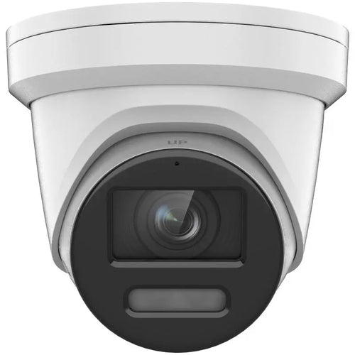 DS-2CD2387G2-LU 8MP ColorVu turret camera with built-in mic monitoring a commercial parking entrance