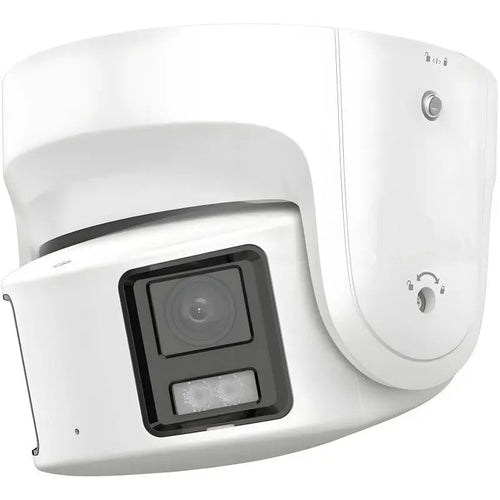 DS-2CD2387G2P-LSU/SL white outdoor 8MP 180-degree panoramic turret IP camera featuring dual lenses, F1.0 large aperture, built-in mic speaker, and active deterrence strobe light