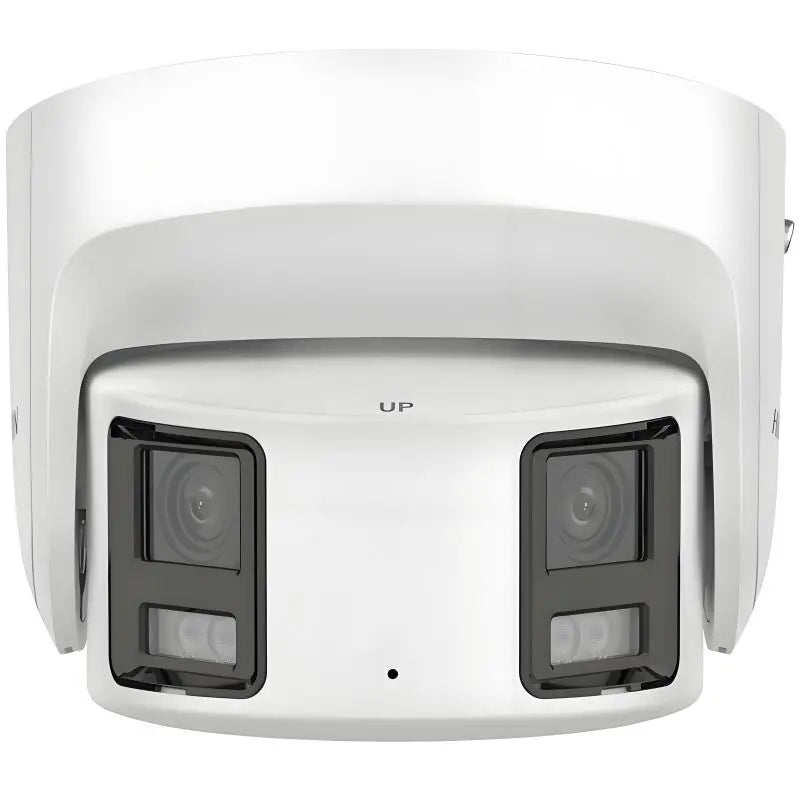 DS-2CD2387G2P-LSU/SL white outdoor 8MP 180-degree panoramic turret IP camera featuring dual lenses, F1.0 large aperture, built-in mic speaker, and active deterrence strobe light