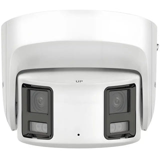 DS-2CD2387G2P-LSU/SL white outdoor 8MP 180-degree panoramic turret IP camera featuring dual lenses, F1.0 large aperture, built-in mic speaker, and active deterrence strobe light