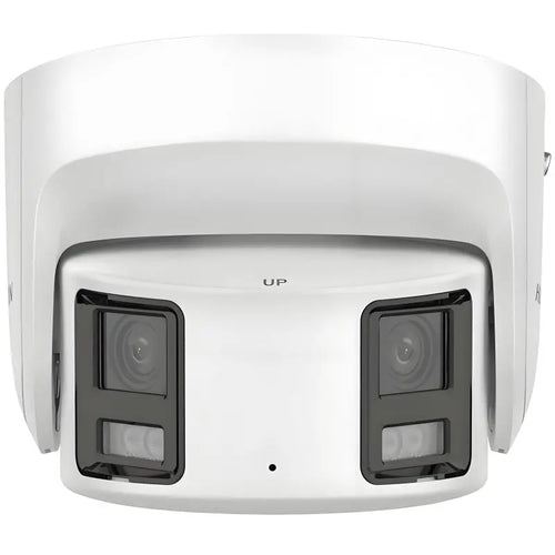 DS-2CD2387G2P-LSU/SL white outdoor 8MP 180-degree panoramic turret IP camera featuring dual lenses, F1.0 large aperture, built-in mic speaker, and active deterrence strobe light