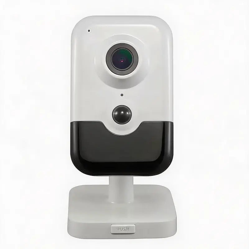 DS-2CD2443G0-IW 4MP indoor cube camera with PIR detection and two-way audio installed in a commercial office reception area