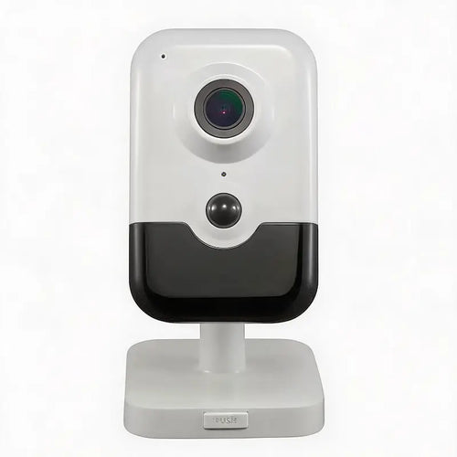 DS-2CD2443G0-IW 4MP indoor cube camera with PIR detection and two-way audio installed in a commercial office reception area