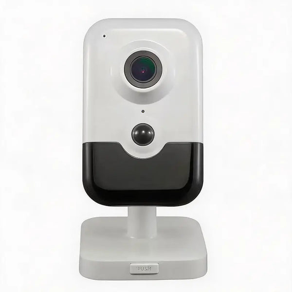 DS-2CD2443G0-IW 4MP indoor cube camera with PIR detection and two-way audio installed in a commercial office reception area