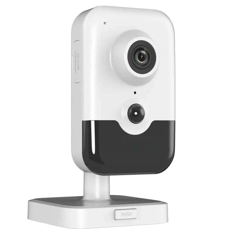 DS-2CD2443G2-IW 4MP AcuSense Wi-Fi cube camera with PIR detection and two-way audio in a commercial office.
