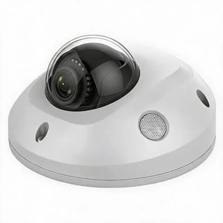 DS-2CD2523G0-IS 2MP mini dome camera with built-in mic and Audio I/O monitoring a commercial building entrance