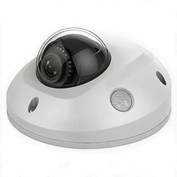 DS-2CD2523G0-IS 2MP mini dome camera with built-in mic and Audio I/O monitoring a commercial building entrance