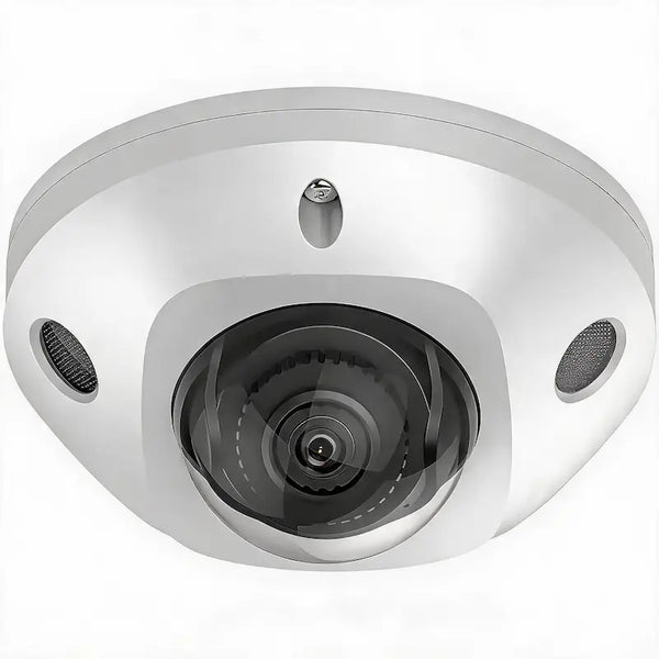 DS-2CD2543G2-IS 4MP AcuSense mini dome camera with built-in mic monitoring a commercial building entrance