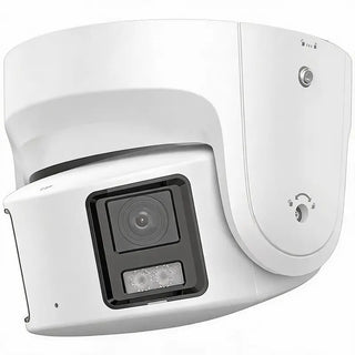DS-2CD3387G2P-LSU/SL 8MP 180° panoramic full-color turret camera securing a commercial warehouse perimeter with AI detection