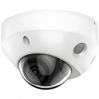 DS-2CD3586G2-IS unbranded compact white 8MP 4K mini dome IP security camera featuring a 2.8mm fixed lens, integrated infrared LEDs, and an attached auxiliary cable cluster for audio and alarm I/O connections