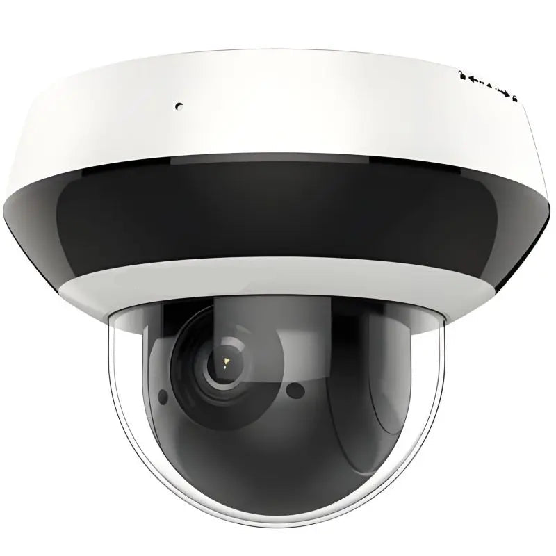 DS-2DE2A404IW-DE3 unbranded white and black outdoor 4MP mini PTZ dome IP camera with 4x motorized optical zoom lens, clear bubble dome, and IR illuminators