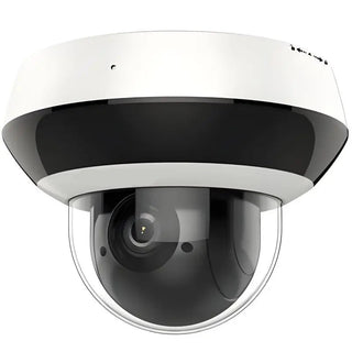 DS-2DE2A404IW-DE3 unbranded white and black outdoor 4MP mini PTZ dome IP camera with 4x motorized optical zoom lens, clear bubble dome, and IR illuminators