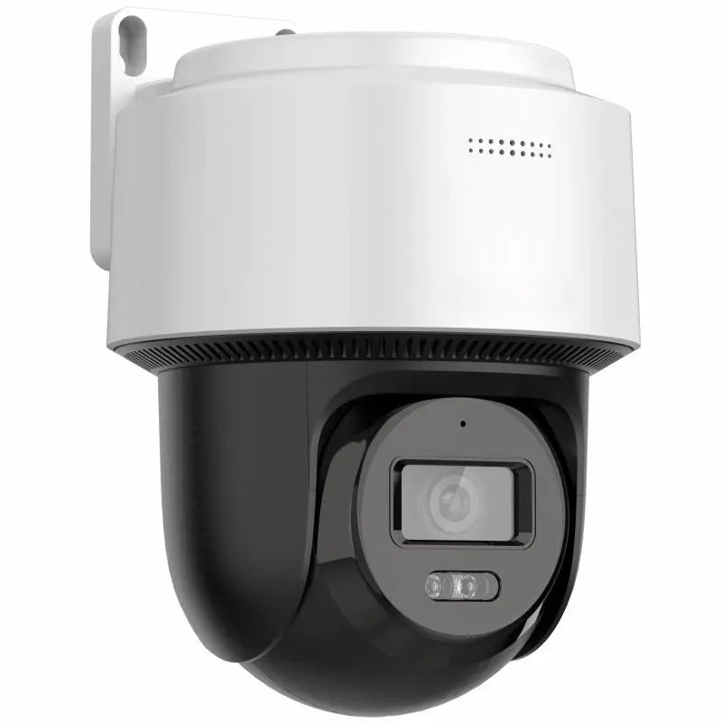 DS-2DE2C400MWG-E 4MP Smart Hybrid Light PT camera with two-way audio monitoring a commercial entrance