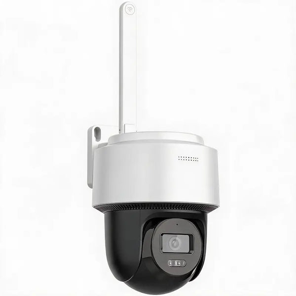 DS-2DE2C400MWG/W 4MP Smart Hybrid Light PT camera with Wi-Fi 6 and two-way audio monitoring a commercial entrance
