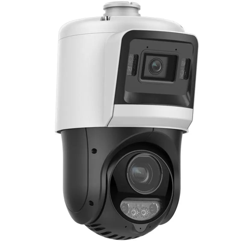 DS-2SE4C425MWG-E/14 TandemVu 4+4MP ColorVu 25X PTZ camera monitoring a large commercial logistics yard