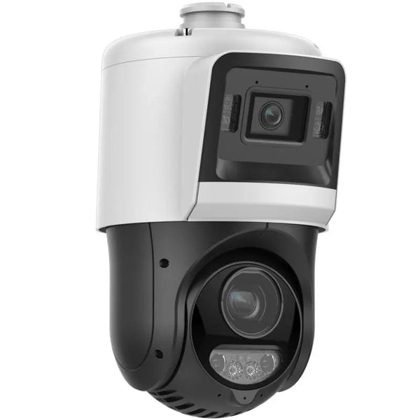 DS-2SE4C425MWG-E/14 TandemVu 4+4MP ColorVu 25X PTZ camera monitoring a large commercial logistics yard