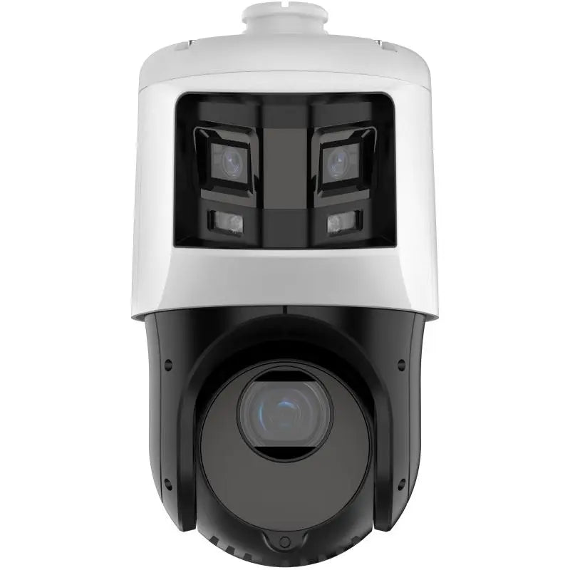DS-2SE4C425MWG-E/26 TandemVu 6+4MP ColorVu 25X PTZ camera monitoring a large commercial logistics yard