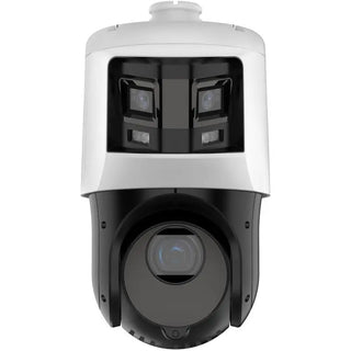 DS-2SE4C425MWG-E/26 TandemVu 6+4MP ColorVu 25X PTZ camera monitoring a large commercial logistics yard