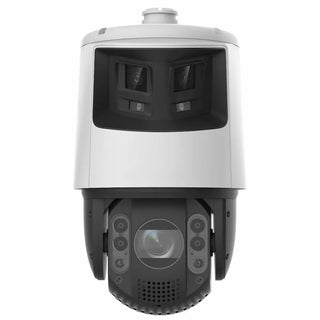 DS-2SE7C432MWG-EB/26(F0) TandemVu panoramic PTZ camera with 180-degree coverage and 32x zoom monitoring a commercial parking lot