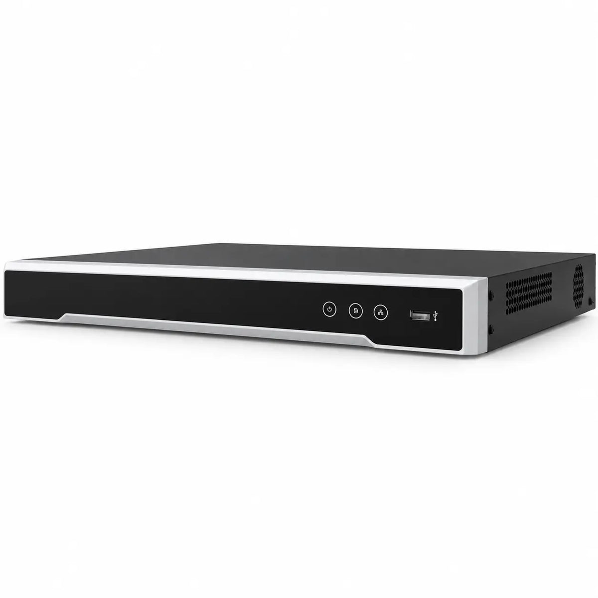 DS-7616NI-M2/16P 16-channel PoE NVR with dual SATA storage, 32MP recording support, and 8K output for commercial surveillance systems.