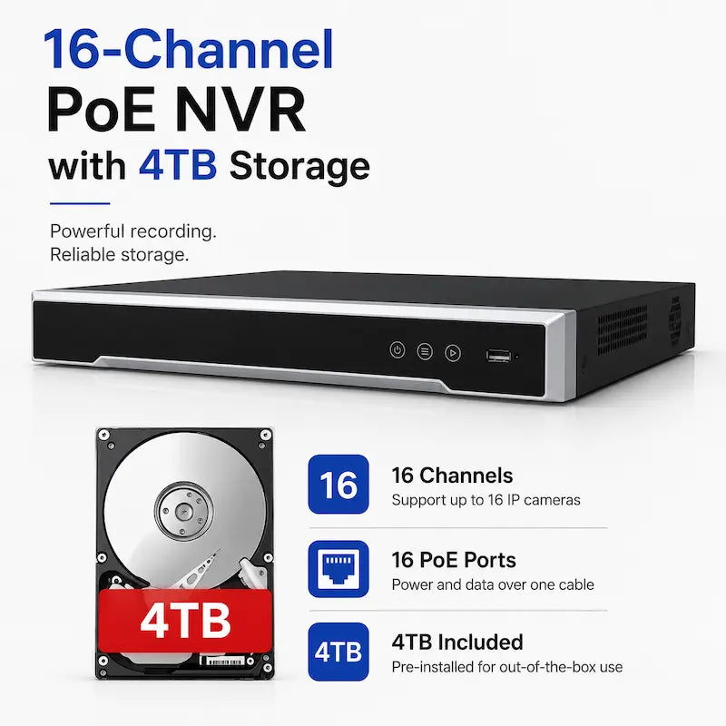 DS-7616NI-Q2/16P(D) 16-channel PoE NVR with 16 PoE ports and included 4TB hard drive