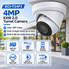 ECI-T24F2 4MP turret security camera with six key features: HD video, IP67 weather resistance, mobile viewing, PoE, built-in microphone, and H.265+ compression.