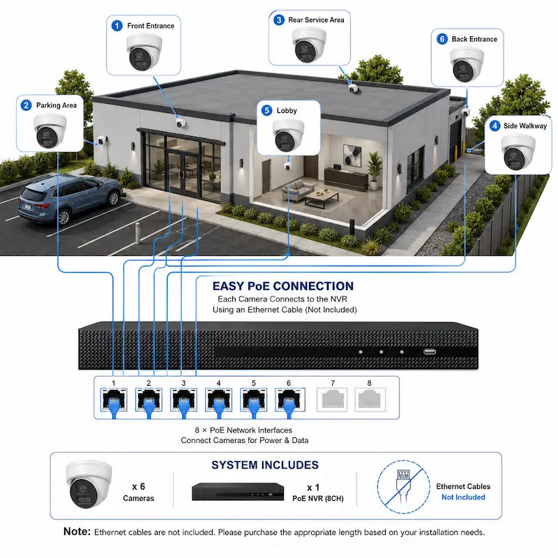 Six-camera PoE surveillance layout covering a commercial entrance, parking area, lobby, walkway, and service areas