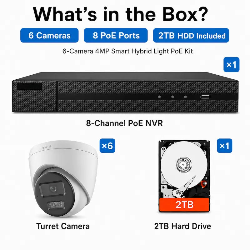 EKI-K82T46H kit contents including six 4MP turret cameras, one 8-channel PoE NVR, and one 2TB hard drive