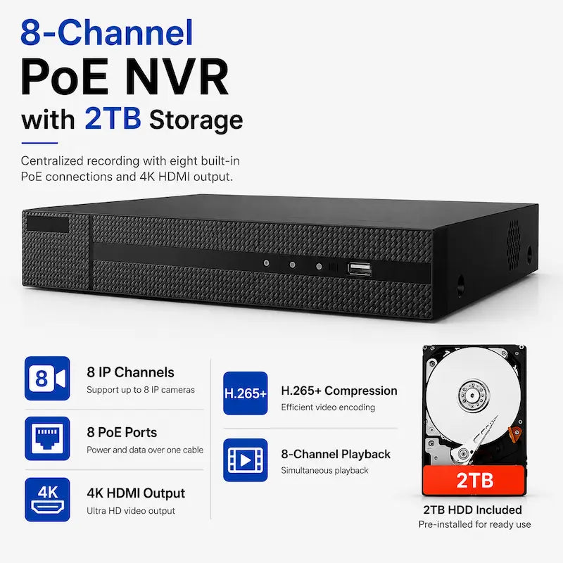 ERI-K108-P8 8-channel PoE NVR with eight PoE ports, 4K HDMI output, H.265+ compression, and 2TB storage