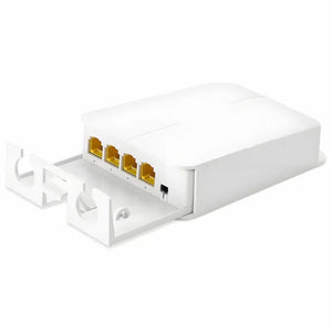 Compact Real HD Gigabit 4-port PoE extender showing one PoE input port and three PoE output ports with status indicator lights