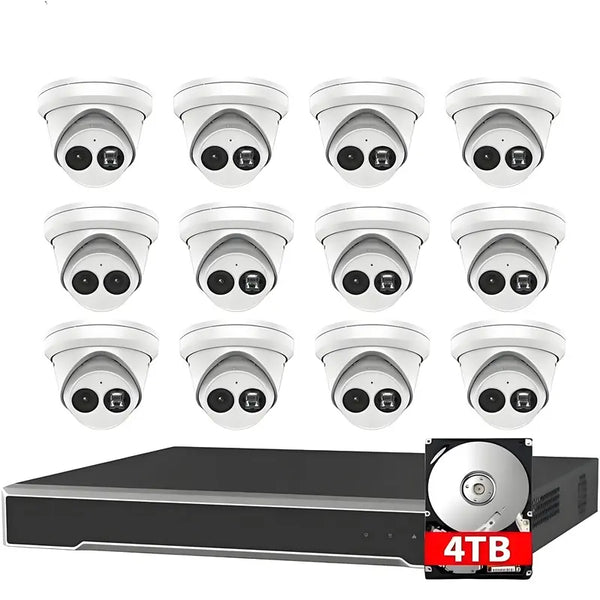 H-Series 16-Channel 4K PoE Security Camera System including 12 x 4MP AcuSense Outdoor Turret Cameras and a 4TB Hard Drive, Hik-Compatible Hardware