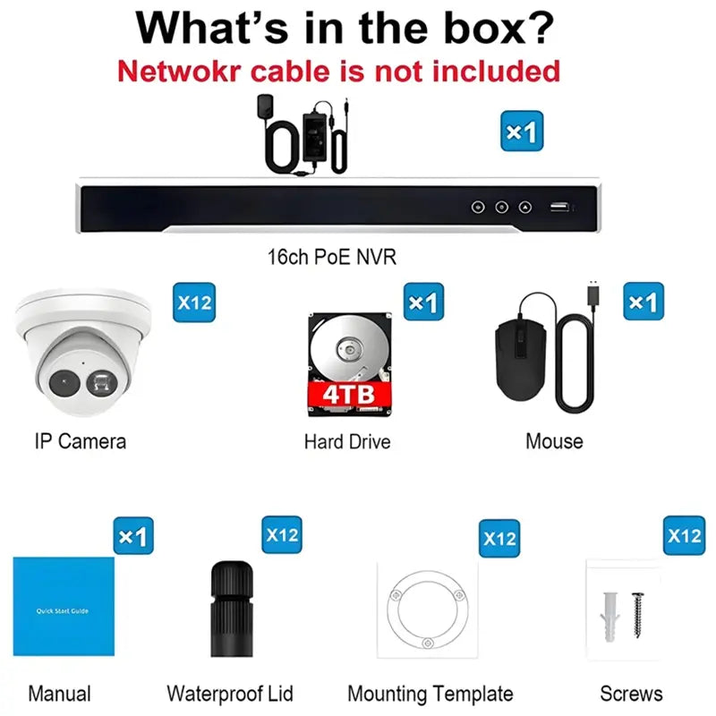 H-Series 16-Channel 4K PoE Security Camera System including 12 x 4MP AcuSense Outdoor Turret Cameras and a 4TB Hard Drive, Hik-Compatible Hardware